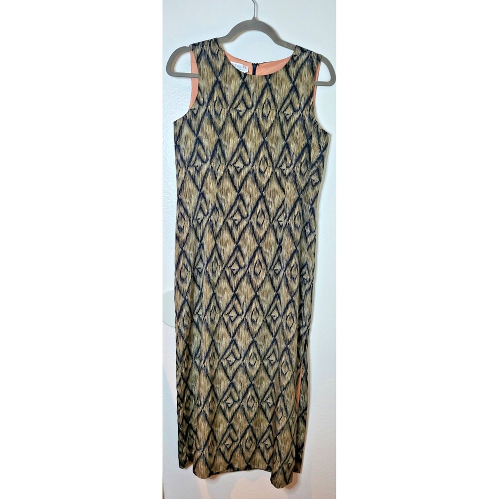 Due Per Due Womens Sz 10P 100% Silk Ikat Midi Sheath Dress Capsule Quiet Luxury